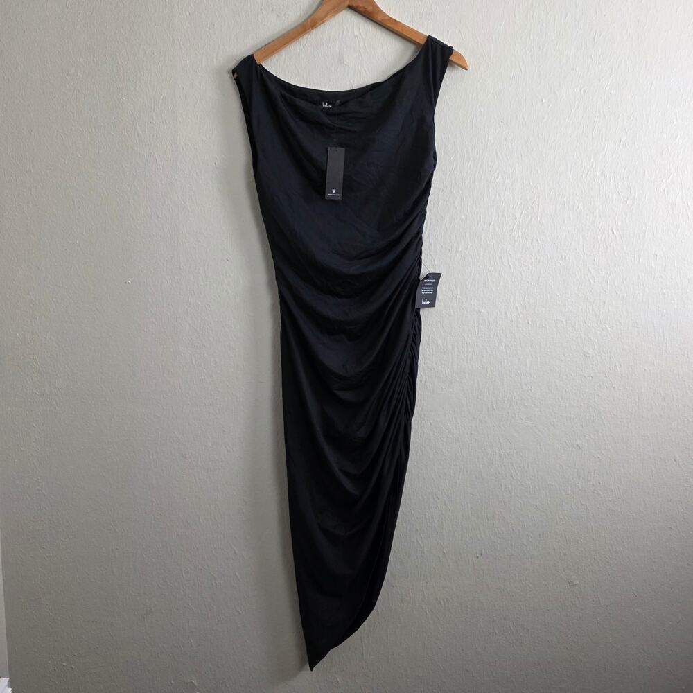 NEW Lulus Incredibly Posh Black Ruched Asymmetrical Midi Dress - Picture 4 of 13